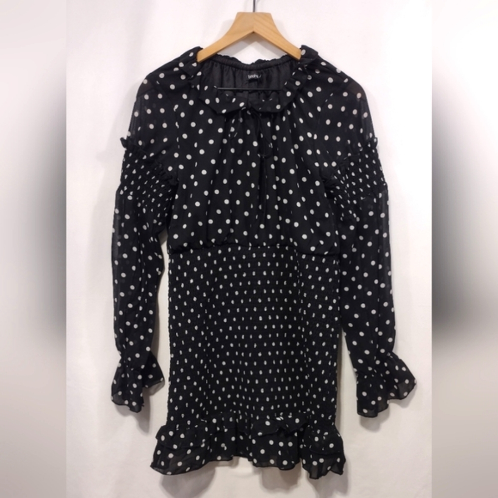 NWT Boohoo Polkadot Babydoll Dress Women's 10 Black White Boho Retro 90s Y2K